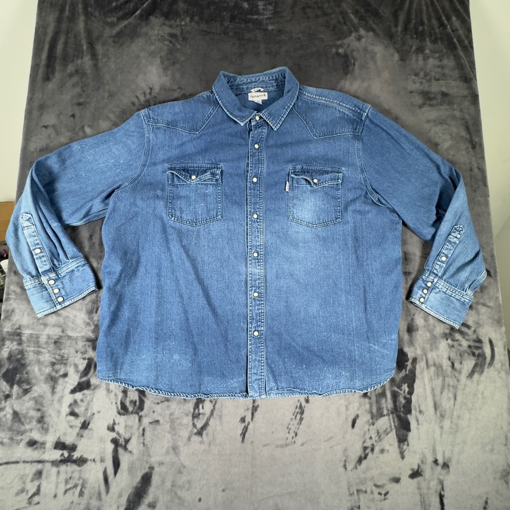 Carhartt Denim Shirt Mens 4XL Blue Relaxed Fit Western Snap Button 100083 497